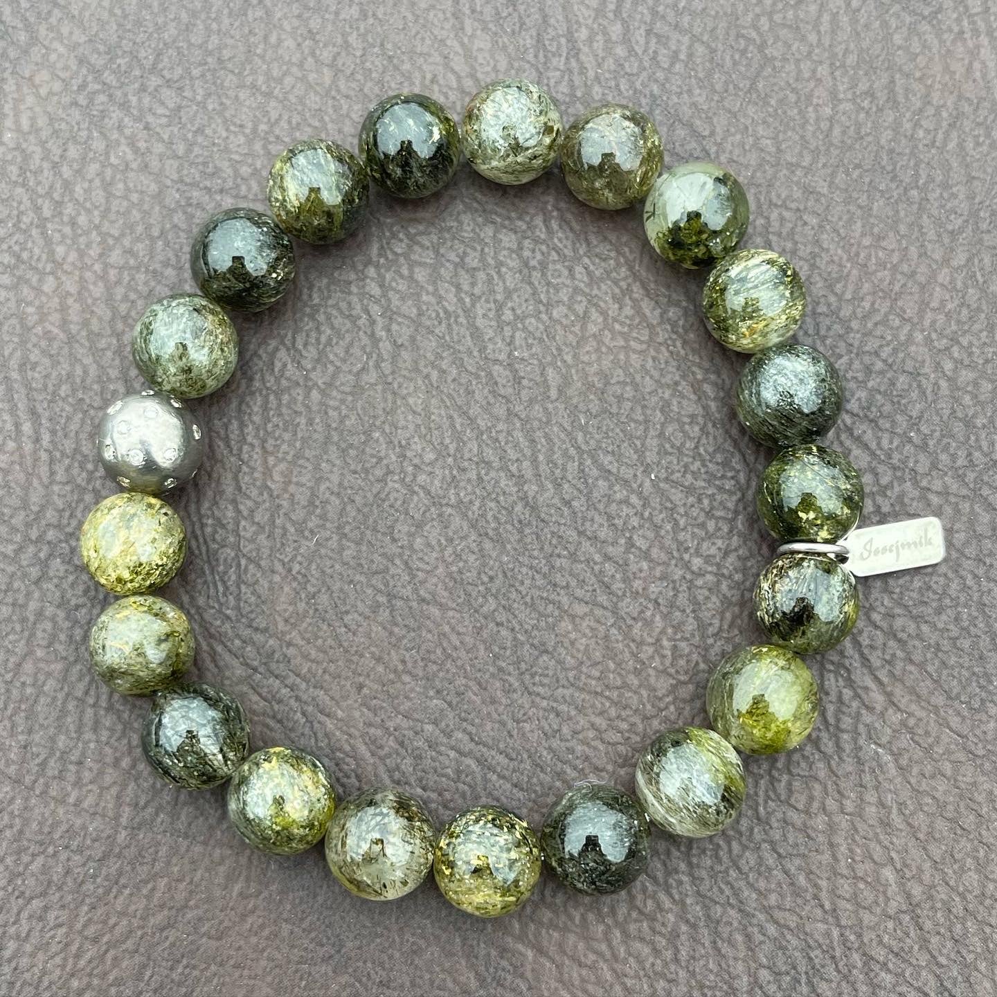 Green Rutilated Quartz with Silver and Diamond Accent Bead