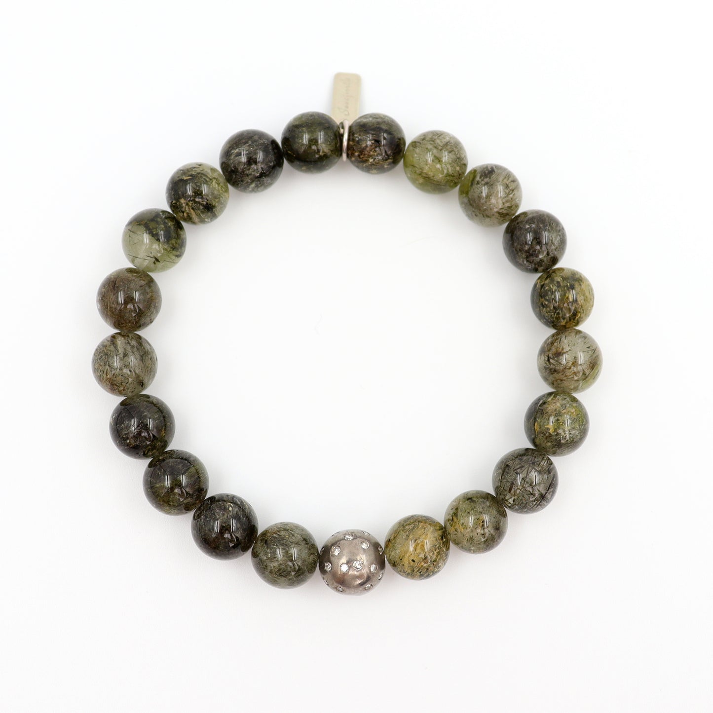 Green Rutilated Quartz with Silver and Diamond Accent Bead